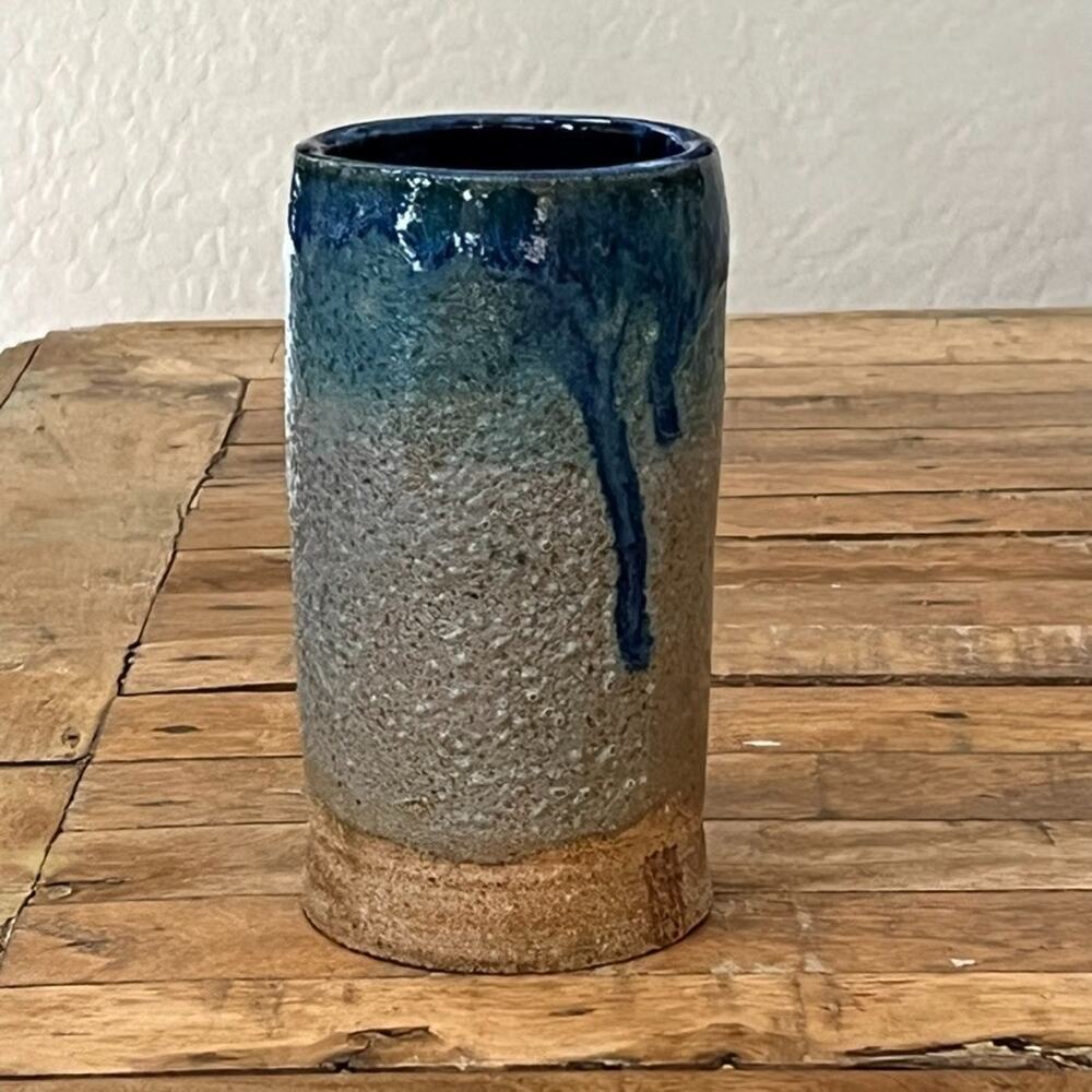 Art Studio Pottery Tumbler Cup 6" Stoneware Brown Blue Drip Glaze